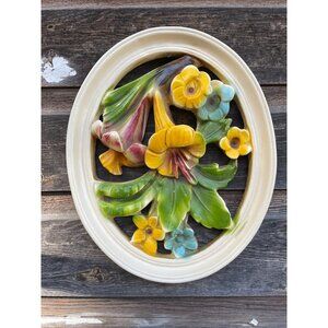 Vintage 1950s Chalkware Colorful 3D Floral Wall Hanging Plaque